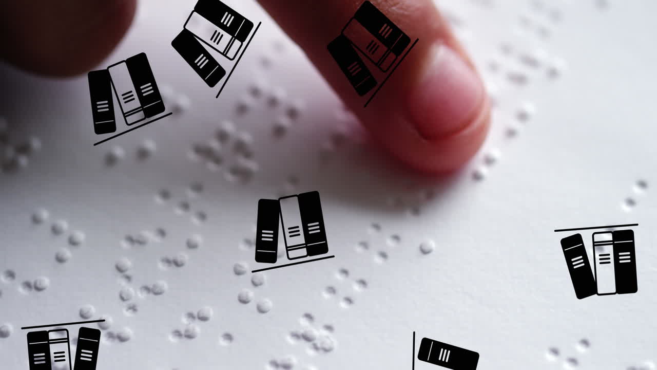 브라이엘 문자를 읽는 소년 위에 있는 학교 물건 아이콘의 애니메이션