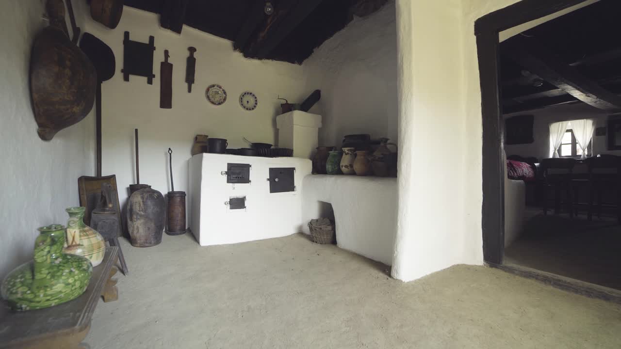 Kitchen in an old hungarian housecamera moves slowly forward
