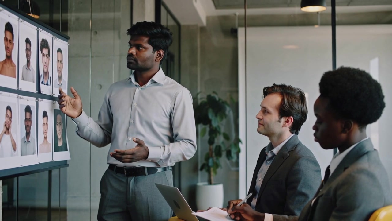 Starting, pointing lead in gray shirt showing portrait board in glass room, team noting for hiring