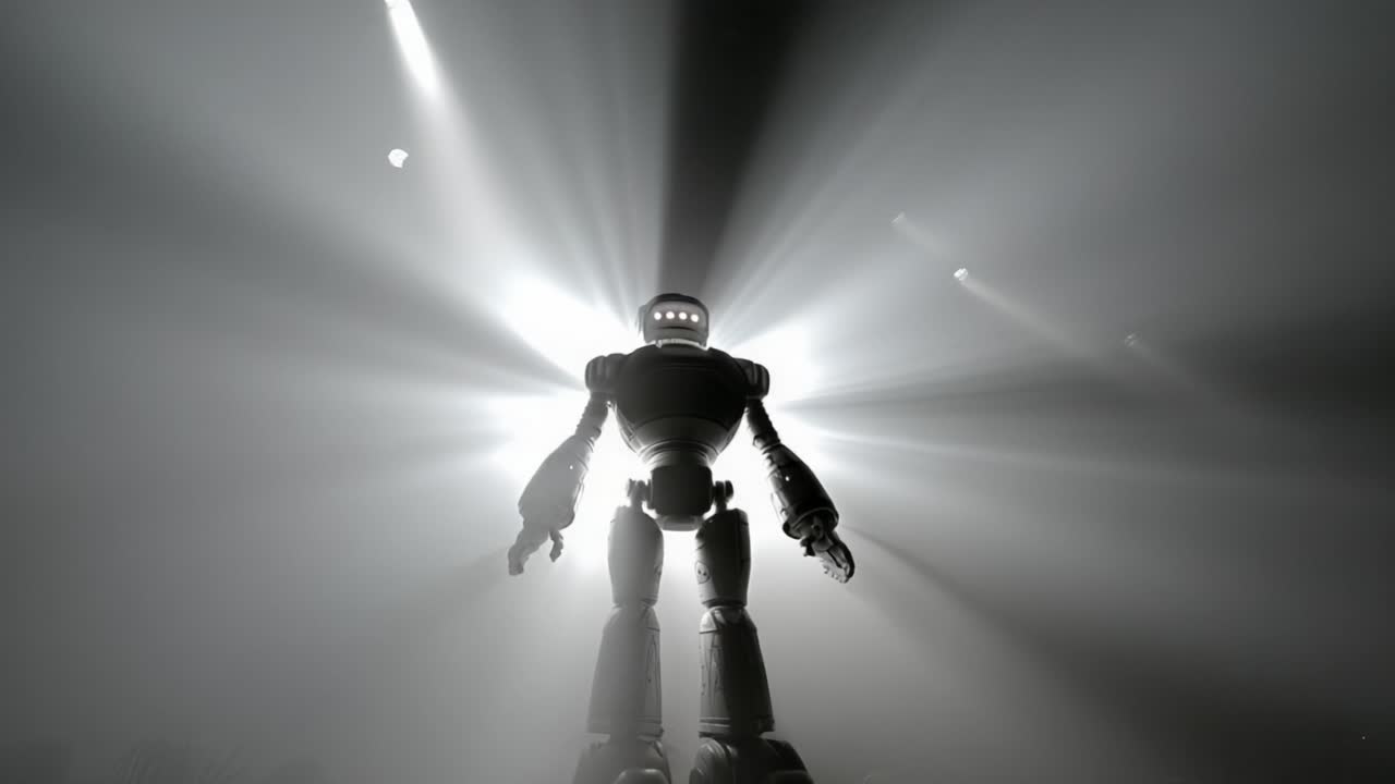 Menacing humanoid robot silhouette walking forward through dense fog with bright volumetric backlighting, creating a dramatic and mysterious cinematic science fiction atmosphere of impending threat
