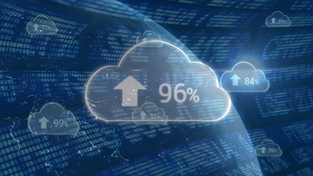 animación de iconos de nube, procesamiento de datos y mercado de valores sobre fondo azul
