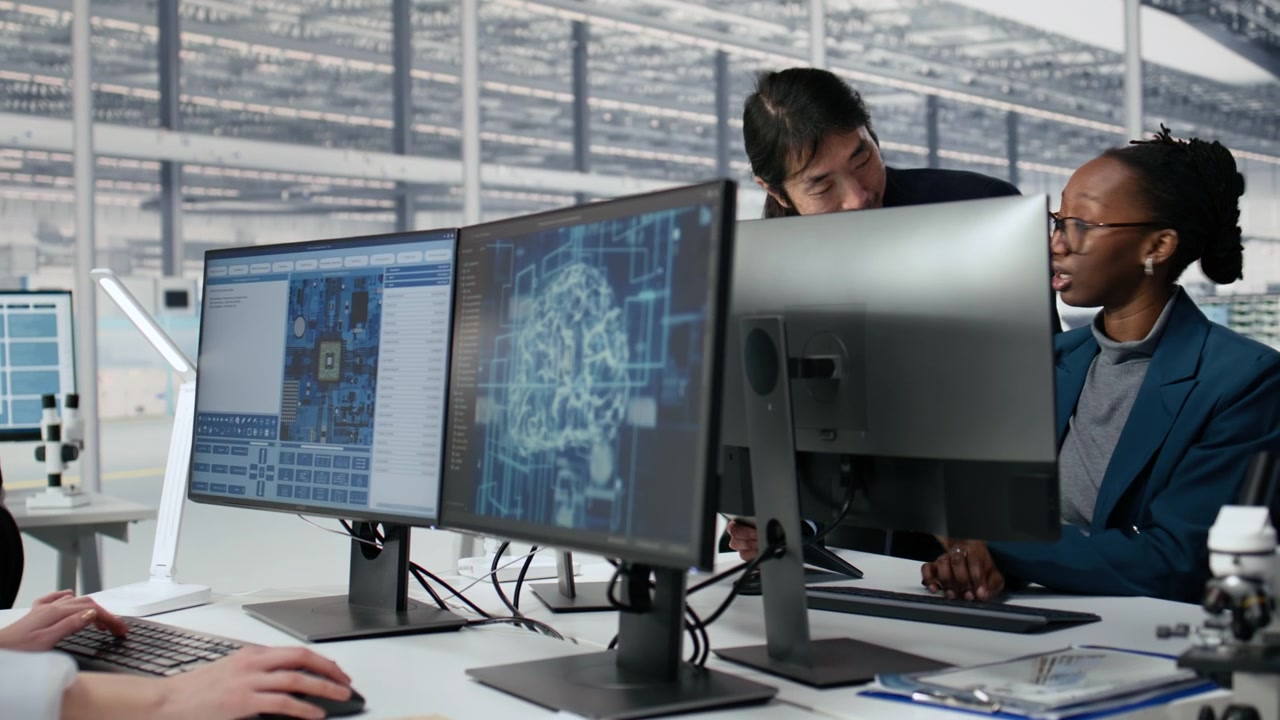 Two Scientists Collaborating on Computer Research in a Modern Laboratory