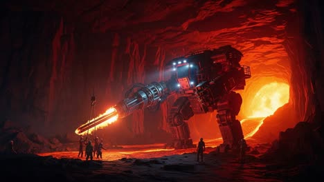 a massive mech navigates a fiery cave, highlighting its advanced technology against a backdrop of molten lava and flickering light