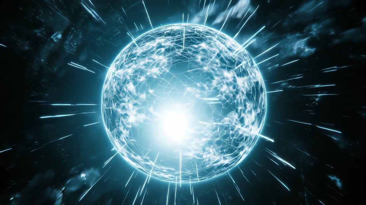 Dynamic video concept featuring a glowing, electric sphere with a cosmic energy burst