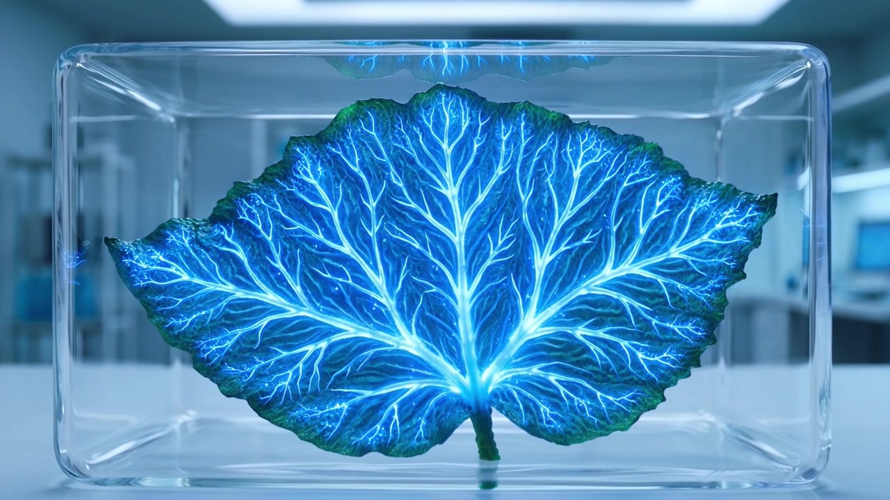 Foglia futuristica con venature blu brillanti in un laboratorio scientifico
