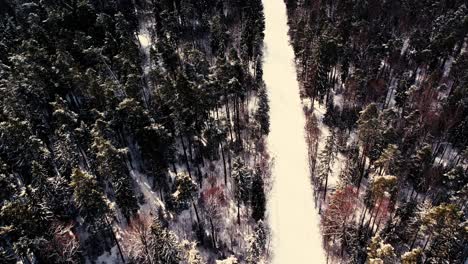 Aerial-view-of-a-drone-flying-over-a-forest-road-in-winter