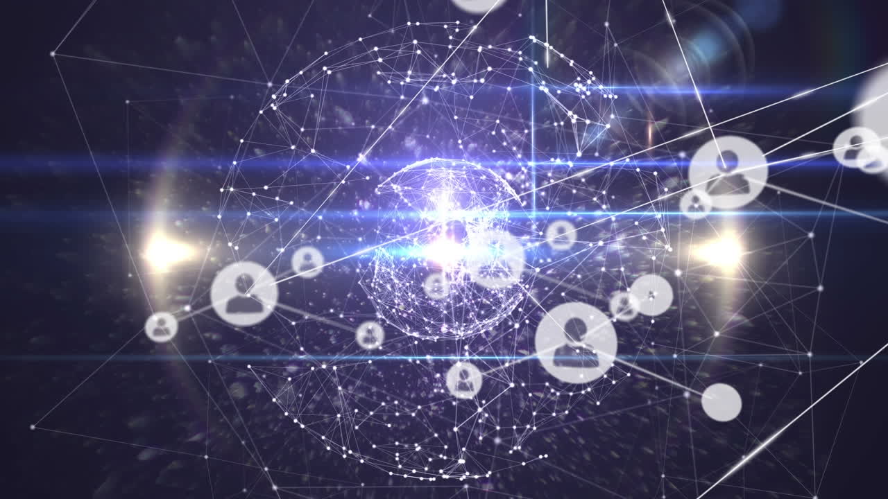 빛나는 반점이 있는 전 세계에 있는 사람들과의 연결 네트워크의 애니메이션 아이콘