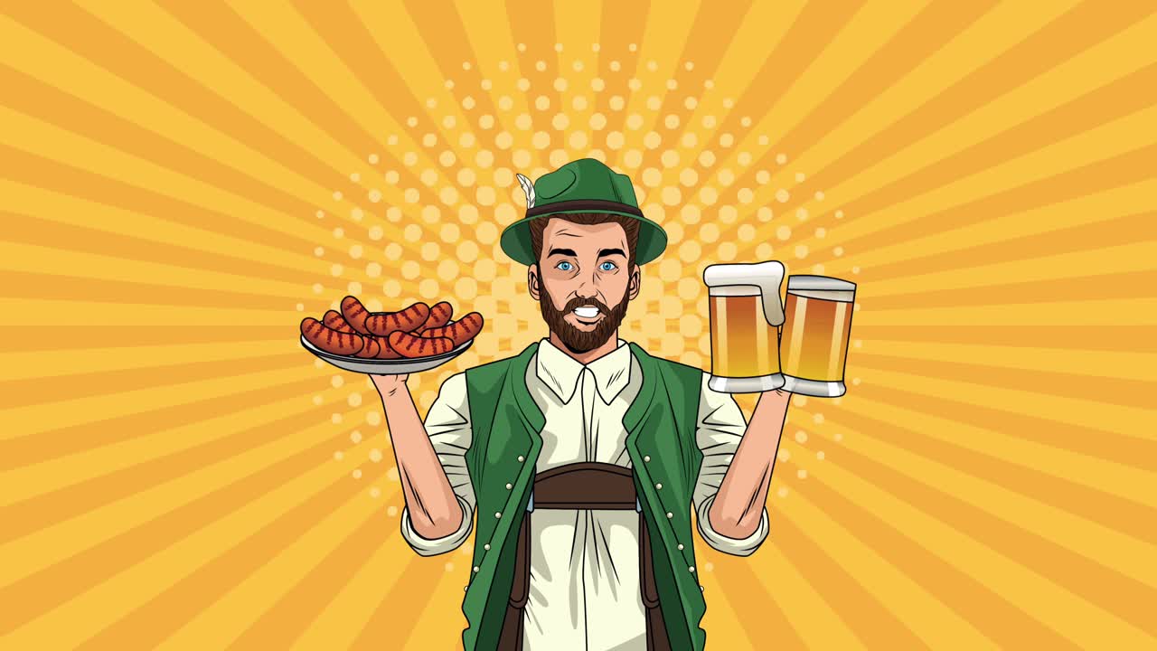 animación de celebración de oktoberfest feliz con un hombre alemán comiendo salchichas y bebiendo cervezas