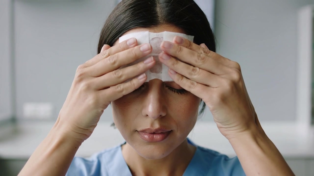 Inspecting folded patch, nurse in blue scrubs unfolding and applying forehead patch at clinic