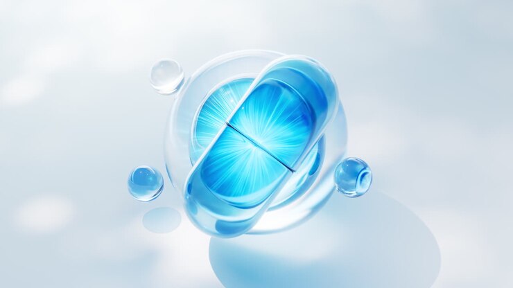 Medical capsule with transparent blue bubbles background, 3d rendering.