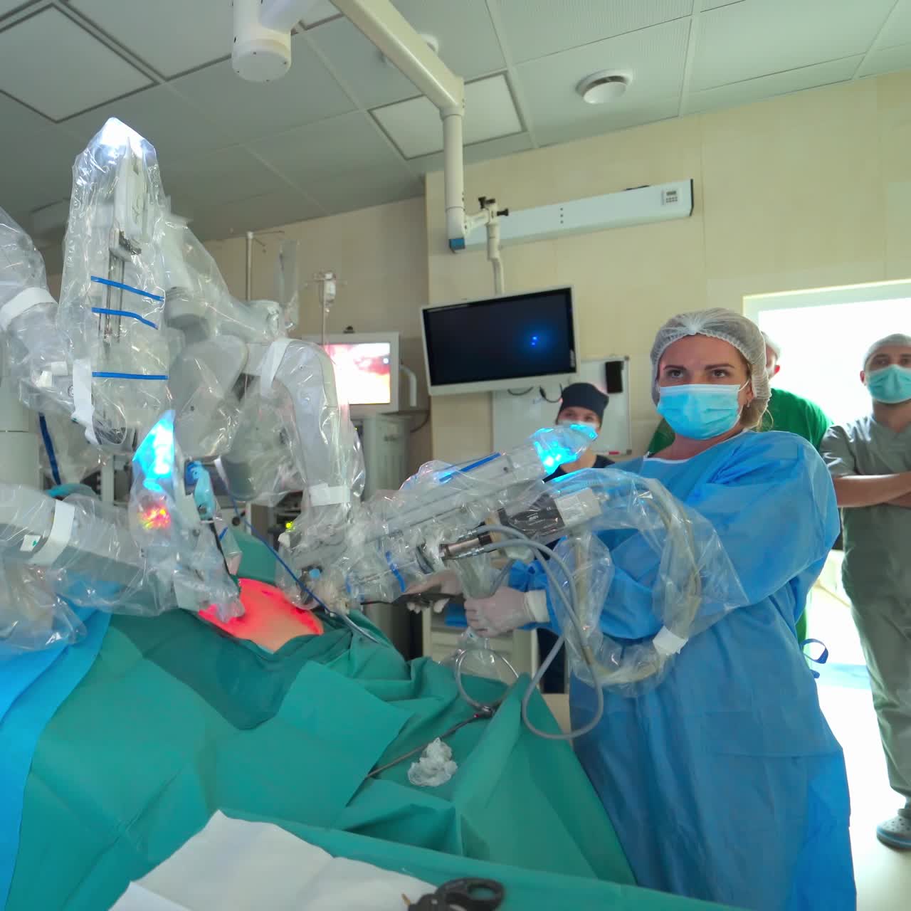 Modern Hospital Operation Room. Laparoscopy camera surgery robot in surgical room in hospital with robotic technology equipment