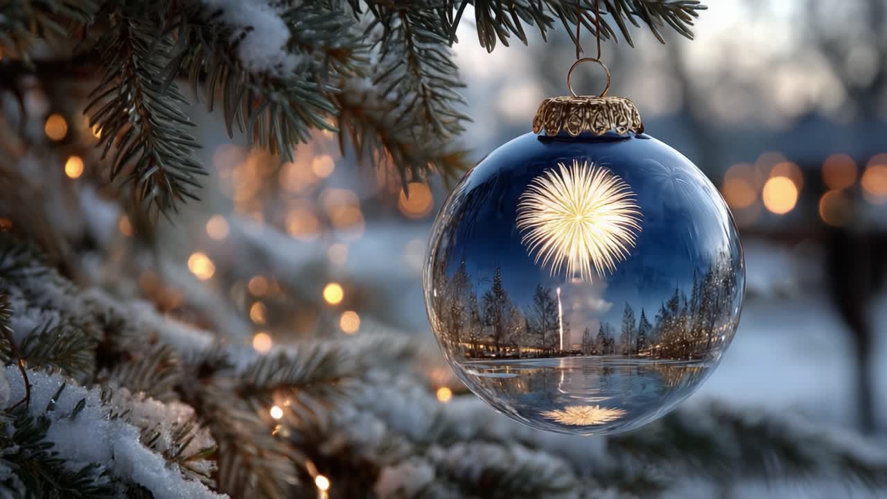 A Stunning Christmas Ornament Capturing the Dazzling Fireworks Display Reflected in the Frosted Pine Tree Branch Amidst a Winter Evening Glow