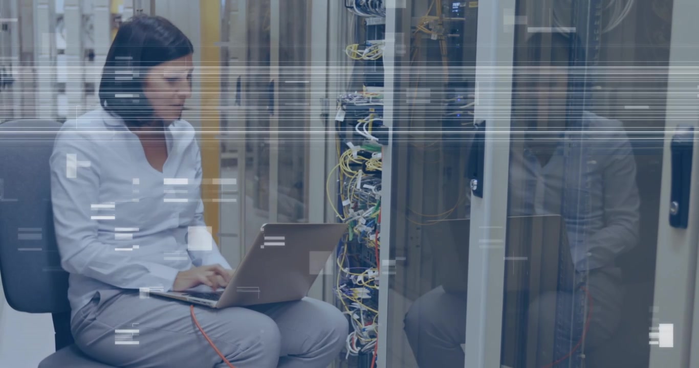 Animation of data processing over caucasian female it technician with laptop and computer servers