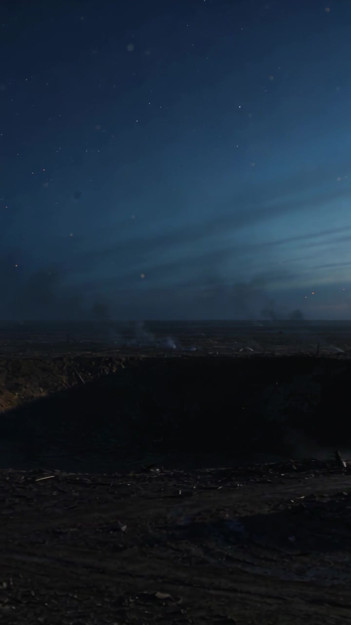 Video vertical: Brisa agitando neblina y humo desplazándose sobre las estrellas sobre una hoguera por la noche, con huellas