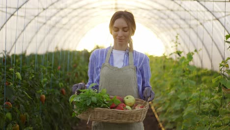 femme souriante tenant un panier avec des légumes frais récoltés, marchant à côté de la serre