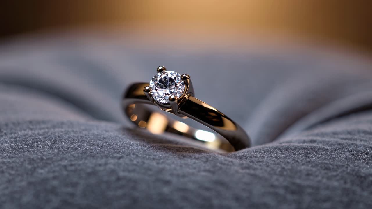 Close-up video of a diamond ring on a soft surface, showcasing elegance and luxury from a low-angle