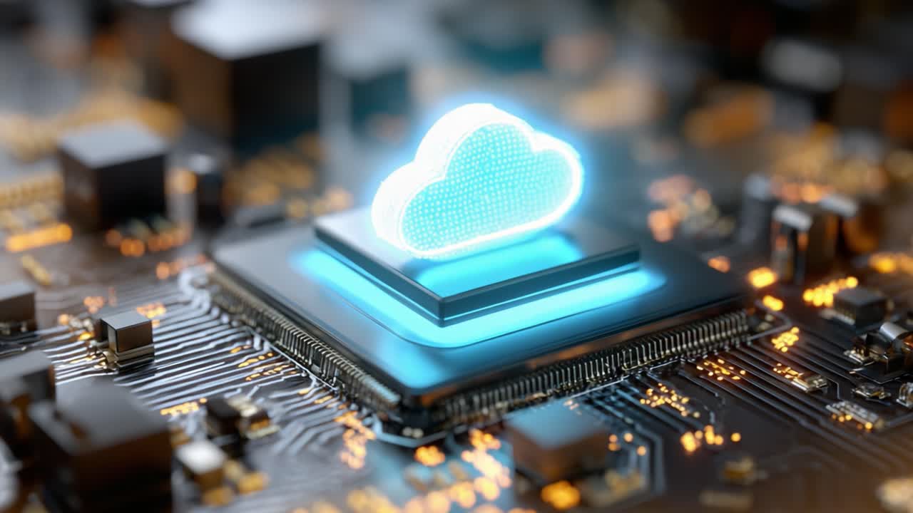 An intricate digital representation showcasing a glowing cloud symbol embedded on a modern microprocessor, highlighting the fusion of cloud technology and computing innovation