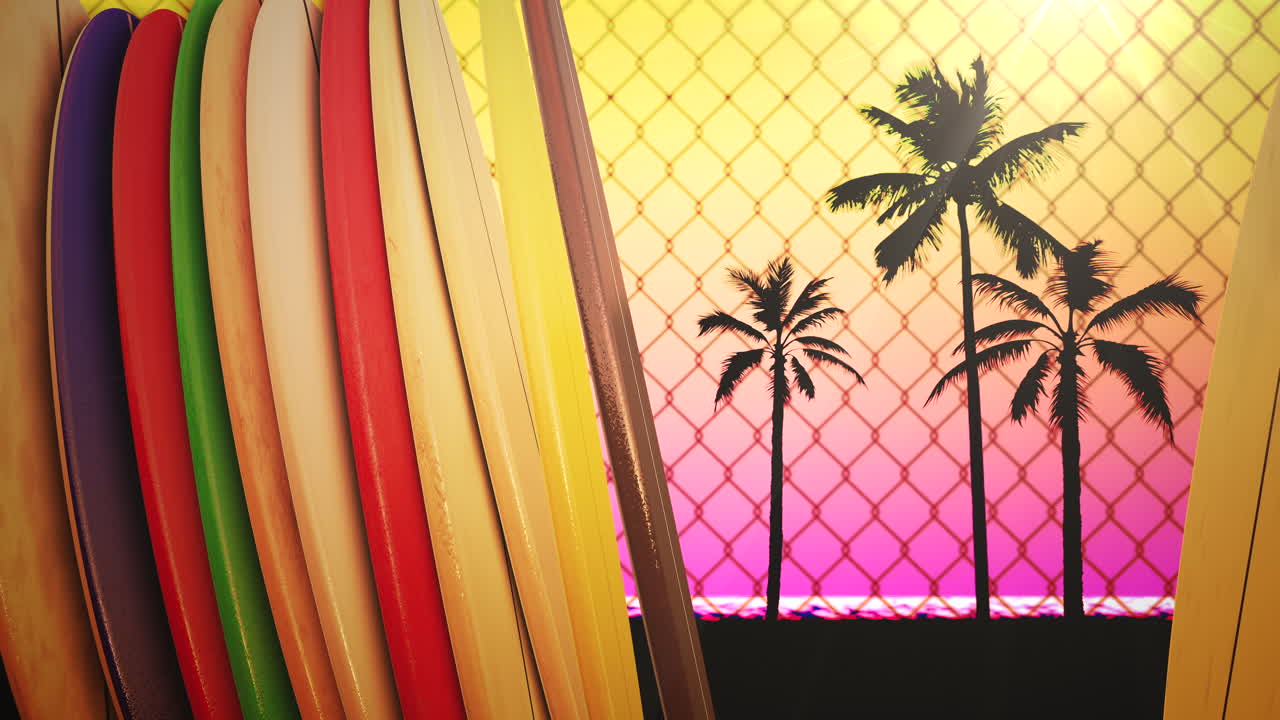 tablas de surf de primer plano y hojas tropicales con fondo de verano 8