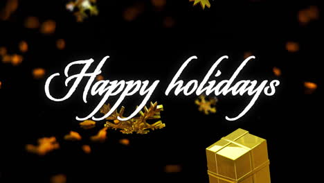 animation of happy holidays text over christmas decorations on black background