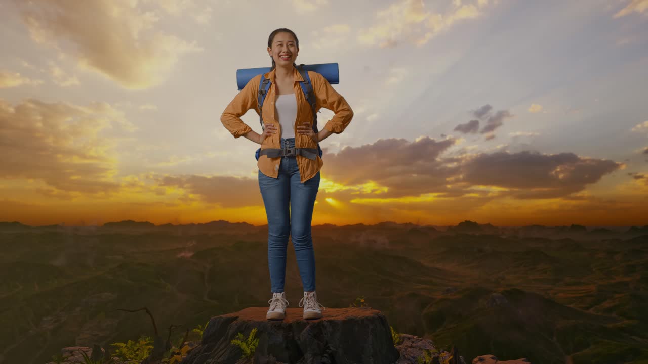 mujer feliz caminando en la cima de la montaña al atardecer