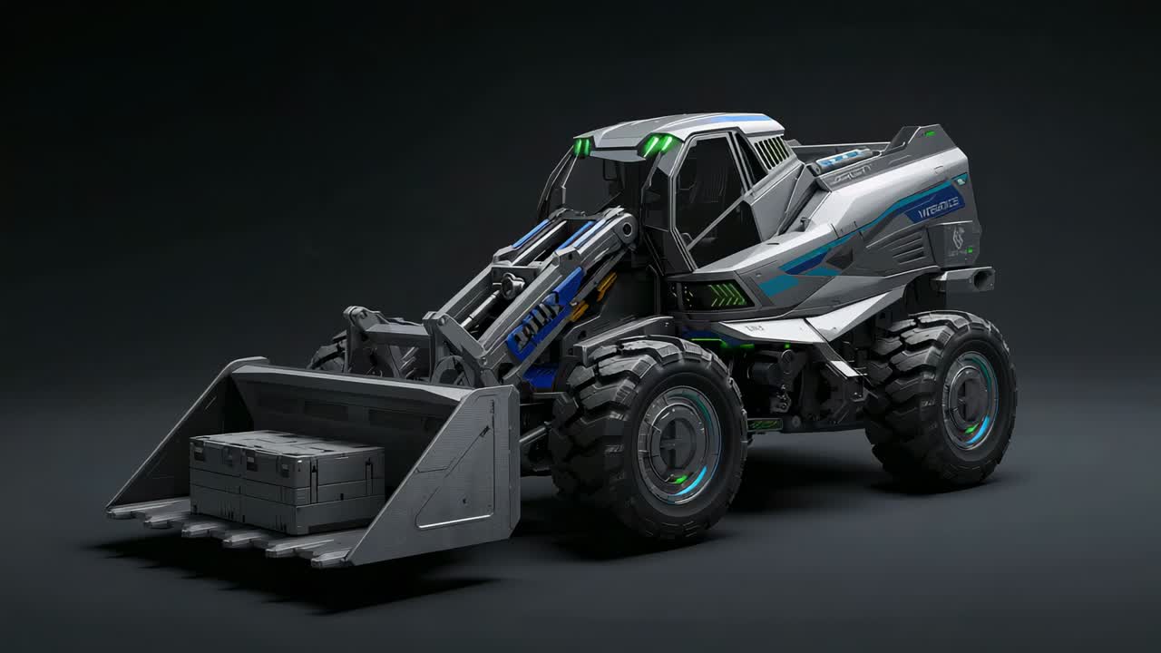 Showing loader reacting to light shift revealing crate hydraulics and treads in studio for showcase