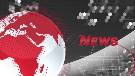 red and white globe with news text animation over hexagonal and grid background