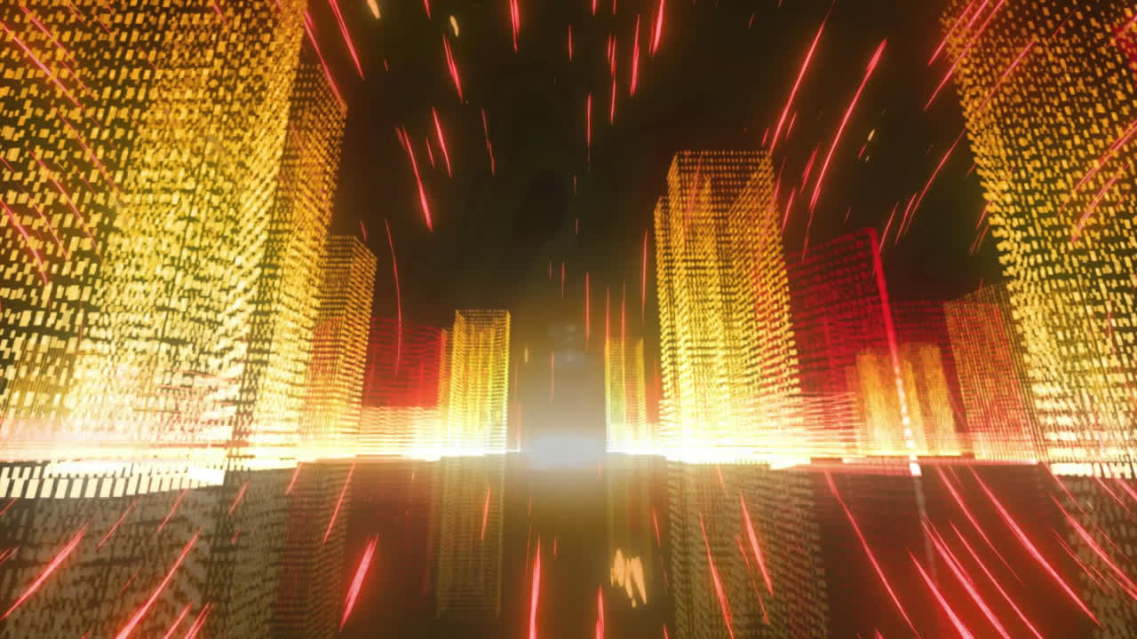 Digital cityscape with glowing skyscrapers and streaks of light, futuristic animation