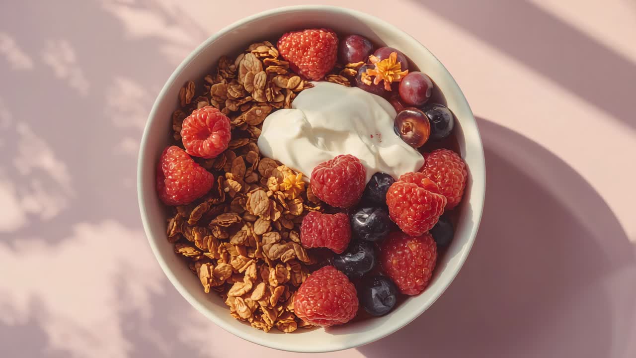 Shifting sunlight lighting bowl on pink tabletop by window emphasizing granola, yogurt and berries