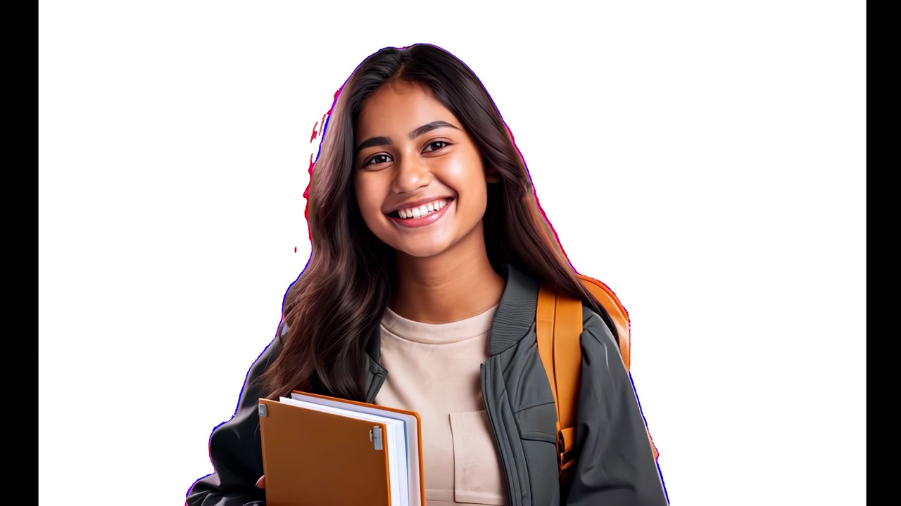 Joven estudiante sonriente sosteniendo libros sobre fondo blanco