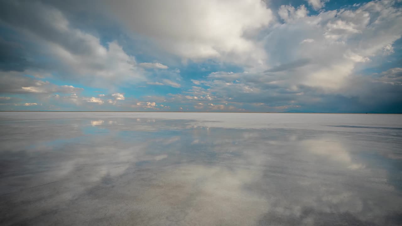 Timelapse of Clouds and Mirror Reflection on Water. Bonneville Salt Flats, Utah USA