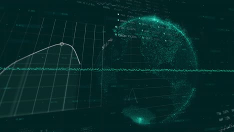 Animation-Von-Globus-Und-Diagrammen,-Die-Sich-über-Börsendaten-Auf-Abstraktem-Hintergrund-Bewegen