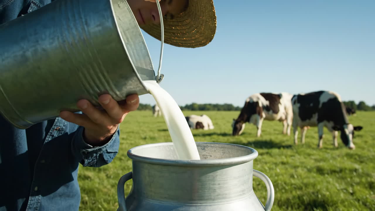 Farmer pouring fresh milk from a bucket into a milk churn on a dairy farm with cows grazing
