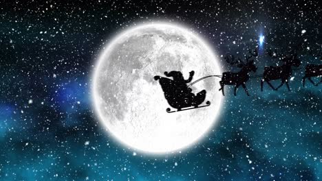 Digital-animation-of-snow-falling-over-silhouette-of-santa-claus-in-sleigh-being-pulled-by-reindeers