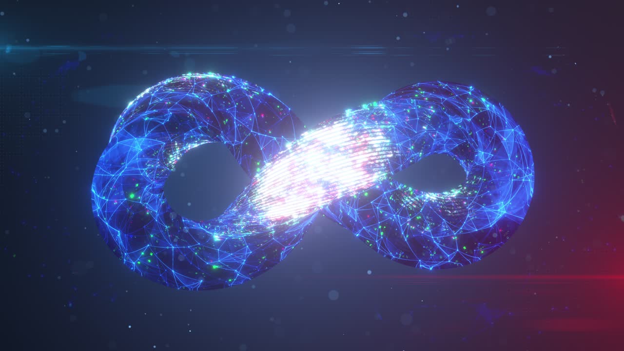 3d 렌더링 애니메이션으로 연결된 점과 선을 는 무한 기호