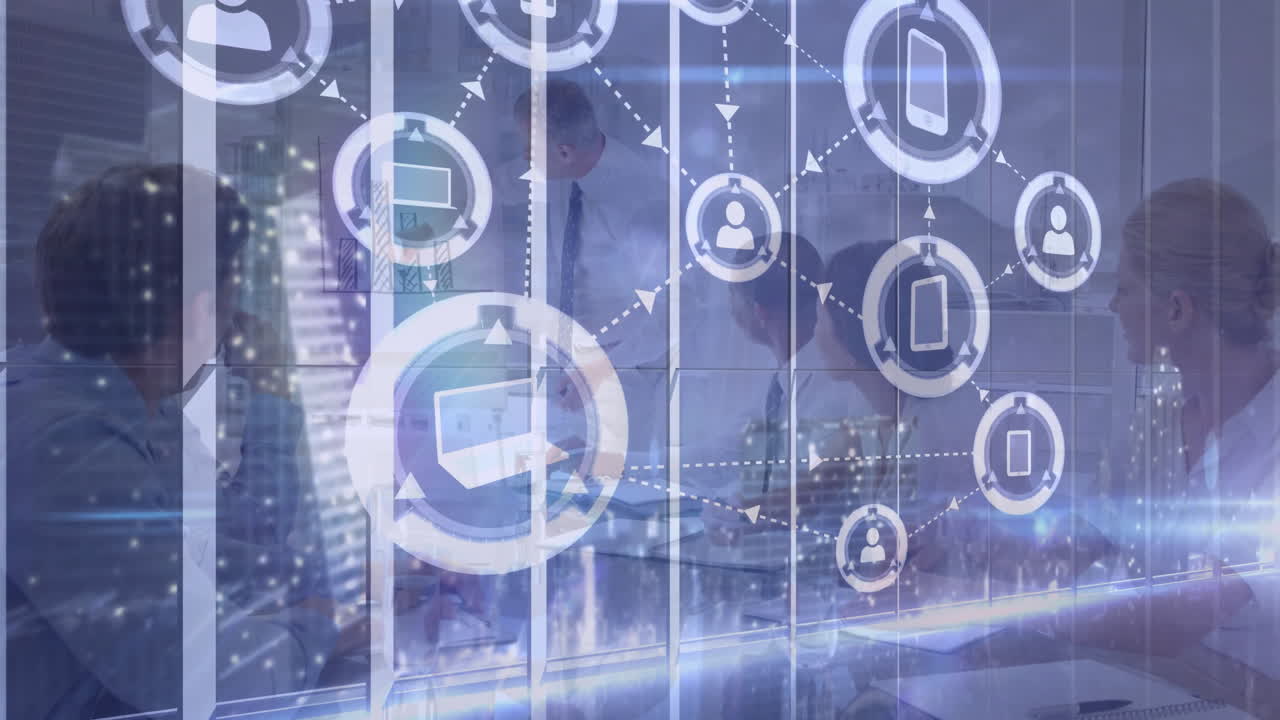 Collaborating in modern office, business professionals with digital network icons overlay