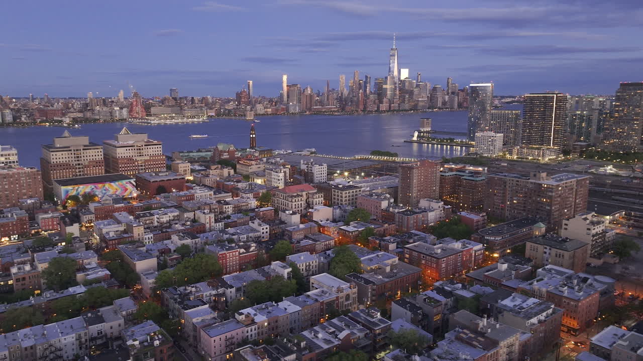 Aerial view of Jersey City at night. Shot with Lower Manhattan in the background.