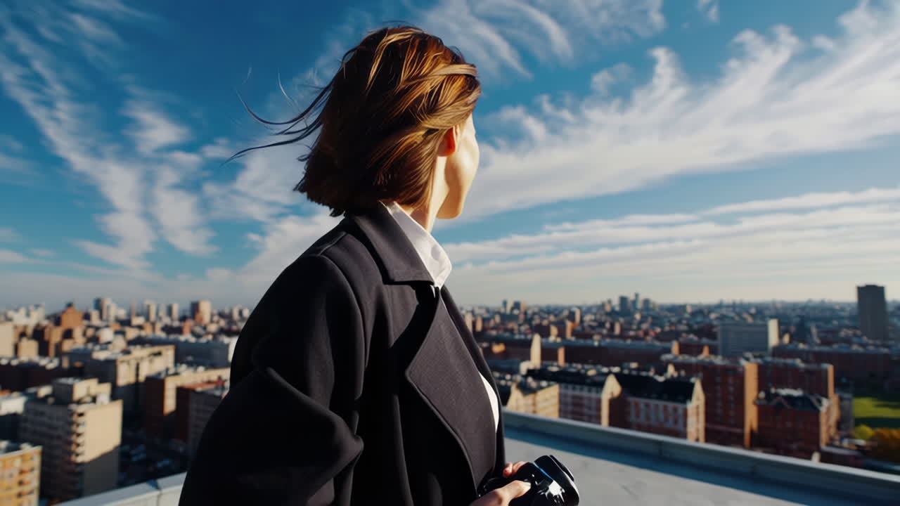 mujer en el techo con vista a la ciudad
