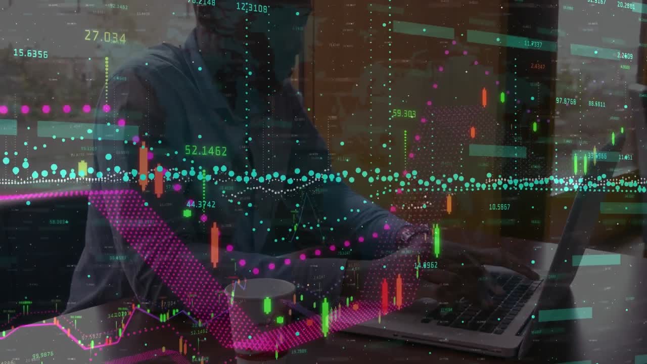 Animation af statistikbehandling over en forretningsmand, der bruger bærbar computer
