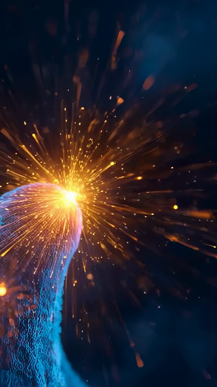 Vídeo vertical: Núcleo emisor en un filamento azul con textura tras una chispa, liberando chispas en el espacio