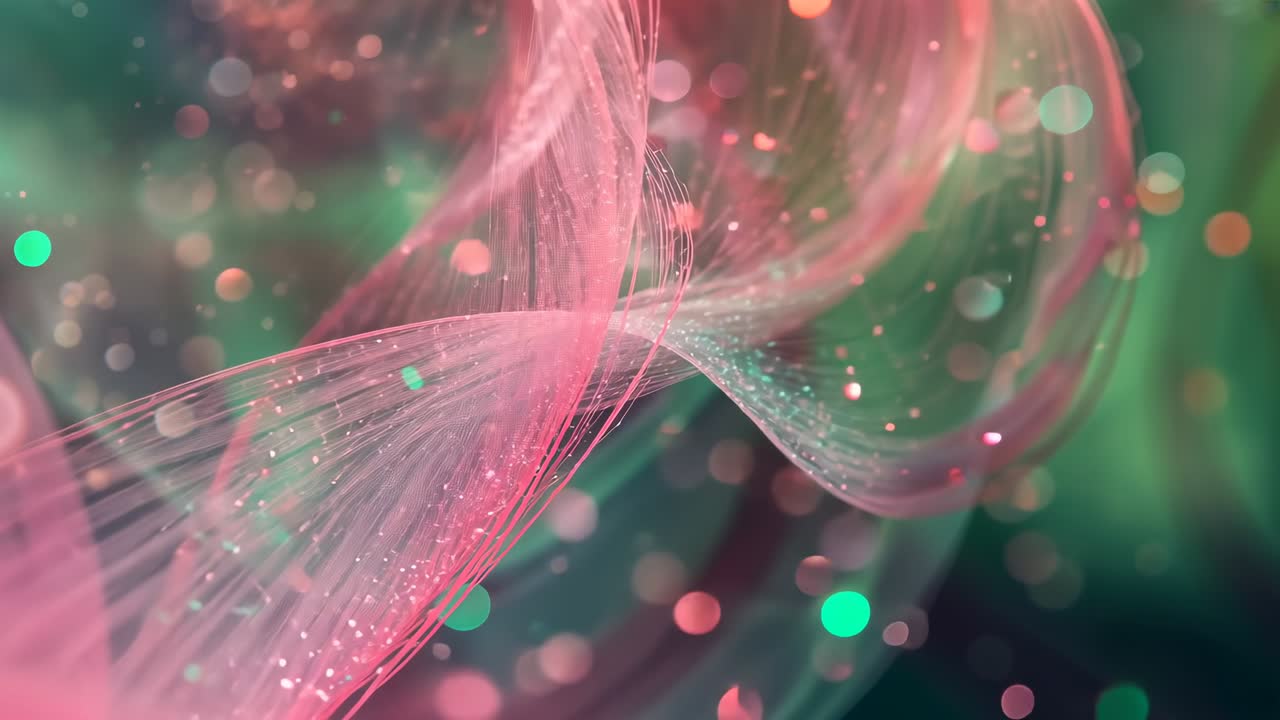 Entering from left, pink filament undulating, sweeping upward in studio for shimmer with bokeh dots