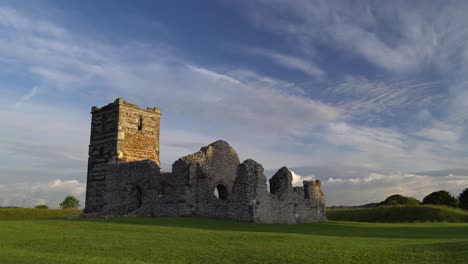 Knowlton-Church,-Dorset,-England.-Slow-pan,-morning-light