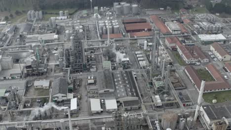 area and infrastructures of drt biomass plant, green chemistry and renewable energy production. vielle-saint-girons, france. aerial top-down orbiting