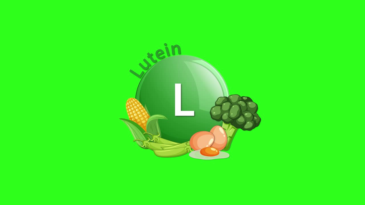 A green lutein supplement tablet animates in, surrounded by corn, broccoli, and eggs, with clean transitions and a bright, flat background