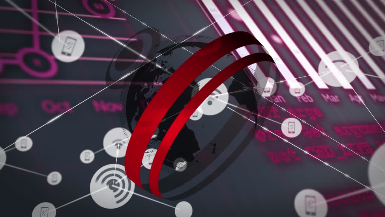 animación del procesamiento de datos sobre el globo y los iconos de medios