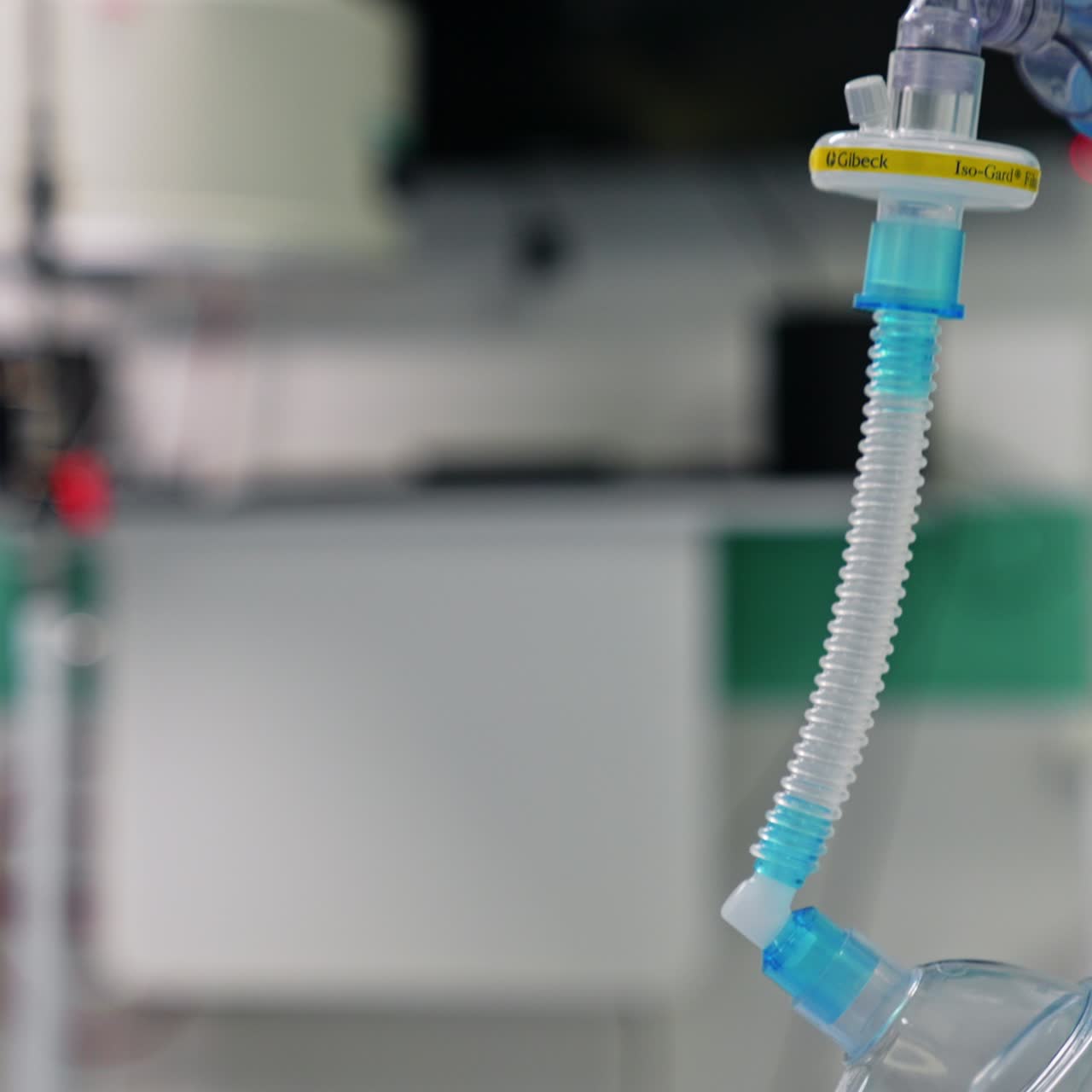 Oxygen mask for patient during operations. Close up. Modern equipment in surgery room. Blurred background