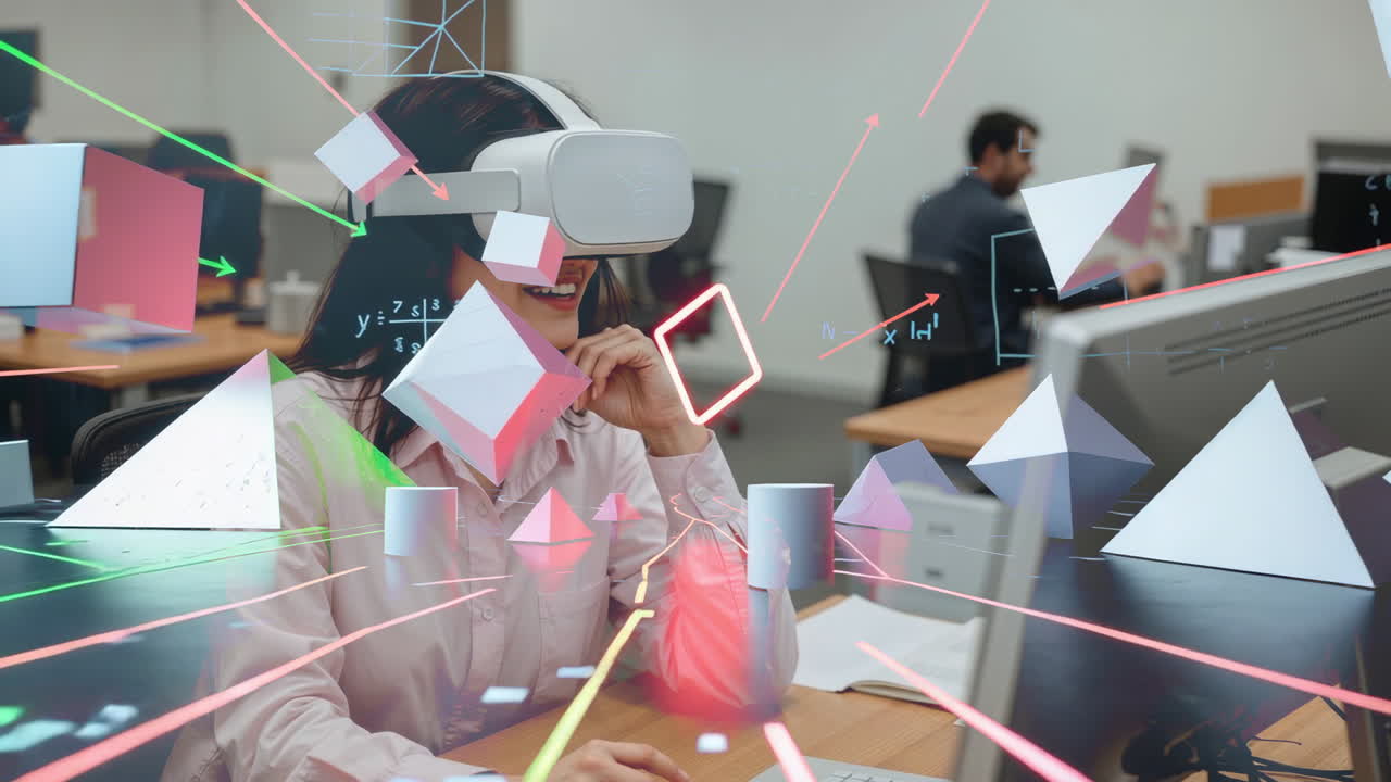 Woman using a VR headset in an office with futuristic 3D graphics and data visualization