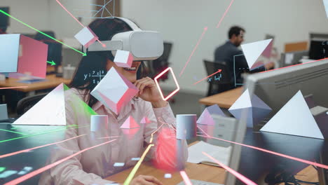 woman using a vr headset in an office with futuristic 3d graphics and data visualization
