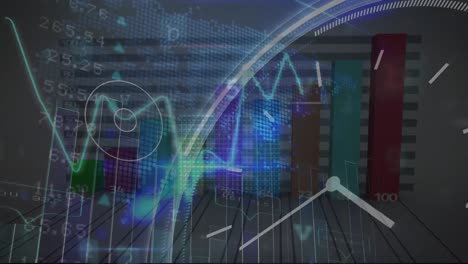 Animación-Del-Procesamiento-De-Datos-Financieros-Sobre-El-Reloj-Y-El-Mapa-Mundial