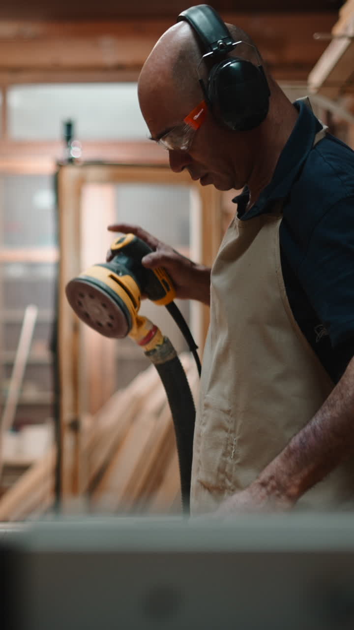 Luthier Sanding a Wooden Electric Guitar Body in a Workshop