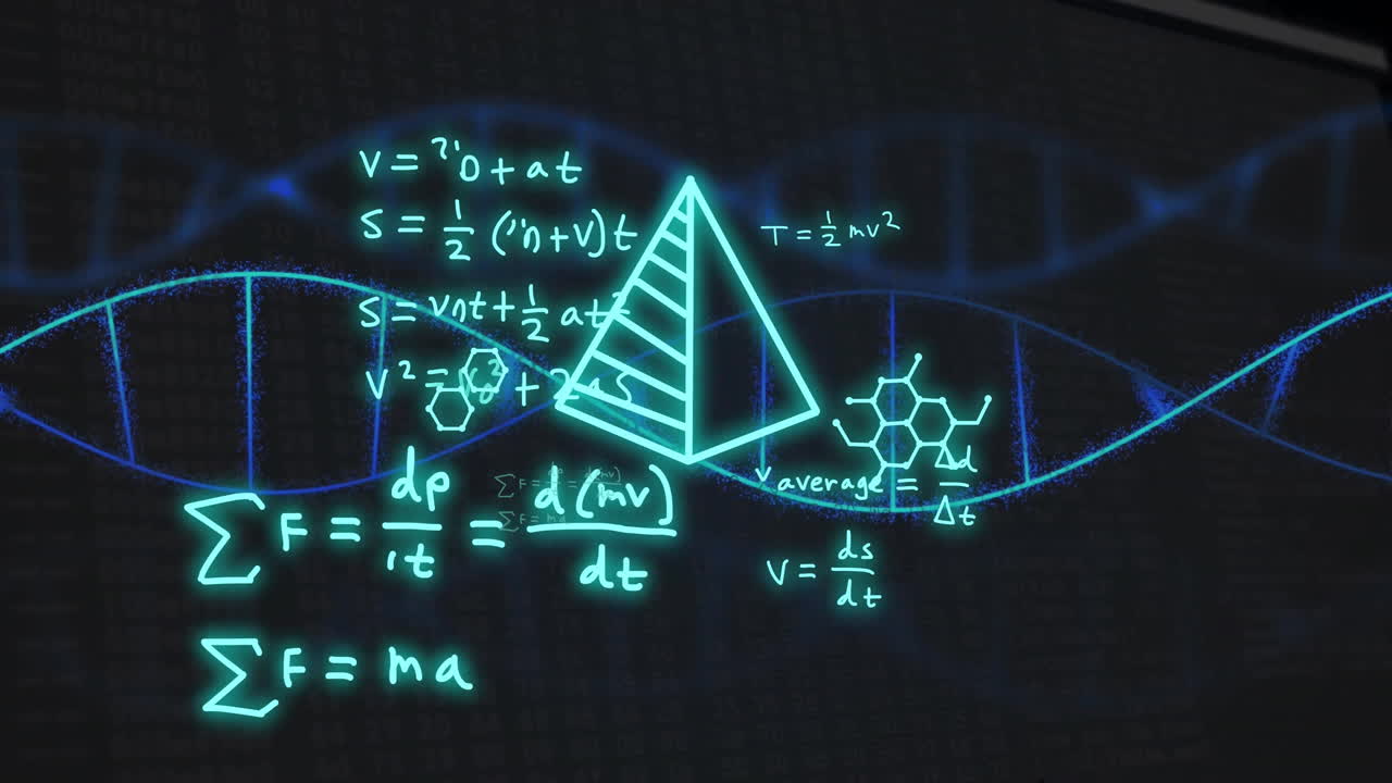 Animation of mathematical equations with symbols over dna strand on black background